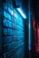 Wall Mural - Blue neon light illuminating a shape on a brick wall at night Vibrant urban scene featuring a brick wall illuminated by blue neon light at night A blue neon light forms a striking shape 

