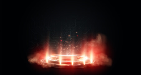 Poster - A vibrant glowing circular interface with fiery sparks and smoke, set against a dark technological background with circuit patterns. Futuristic glowing portal red platform with digital circuits.