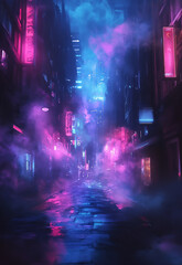 Wall Mural - A dark street, bathed in neon pink and blue lights, with night smog swirling around Dark street, night smog and smoke neon light. Dark background of the night city, ray of light in the dark