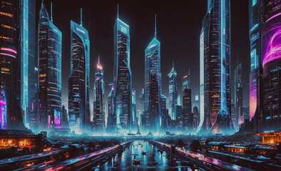 Poster - Cityscape with many buildings and a river. The buildings are lit up in neon colors. There are several boats on the river