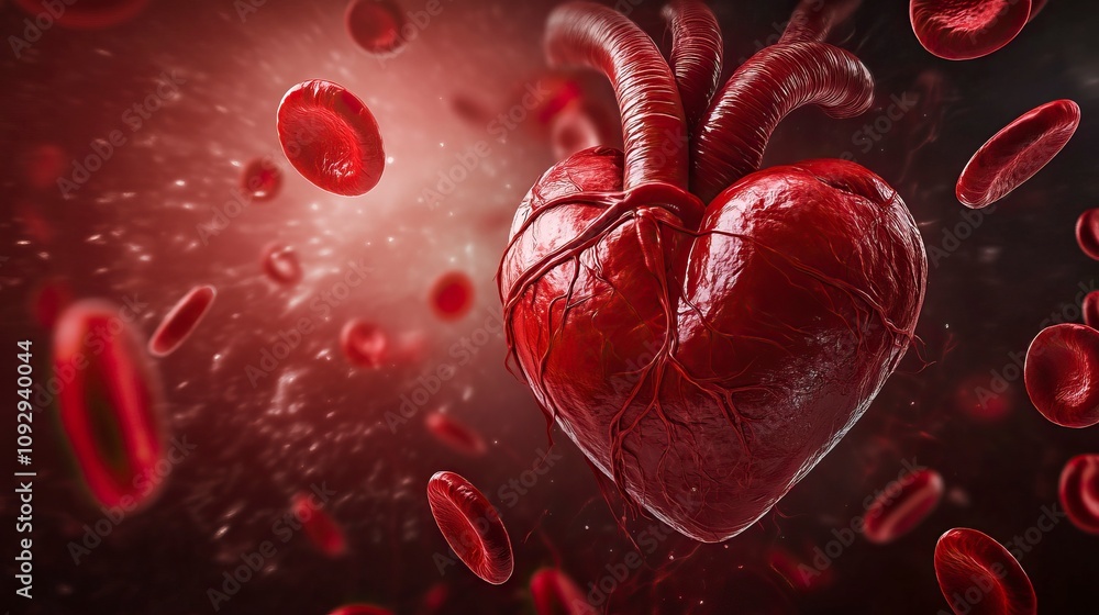 Human heart with arteries and veins surrounded by red blood cells Stock ...