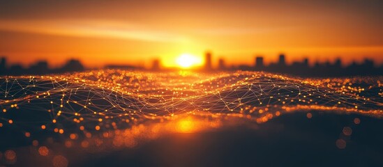 Wall Mural - futuristic digital landscape with glowing network connections against a vibrant sunset skyline
