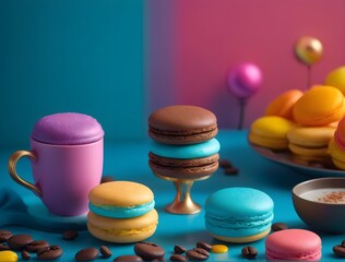 Macaroons cakes and cup of coffee creative layout on colorful background