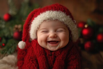 Wall Mural - adorable baby laughing wearing christmas clothes by the christmas tree
