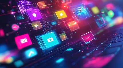 Futuristic Digital World with Colorful Social Media Icon Elements for Future Modern Life Connection Technology Concept.
