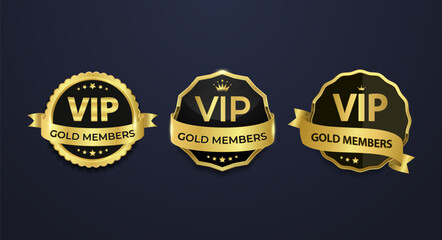 Wall Mural - Three gold VIP gold member badges with different designs on a black background