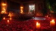 © Alice - Bedroom with burning candles strewn with rose petals in anticipation of a romantic day. Flames of passion illuminate day of love, 4k Resolution