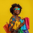 © GoodandEvil - Joyful woman with curly hair, sunglasses, shopping bags.