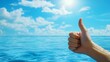 © GreatStockPics - Enjoying a sunny day by giving a thumbs up in tranquil blue water, space for text. Generative AI