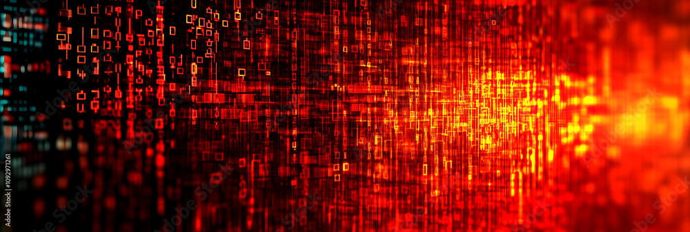 Abstract digital red matrix background with glowing binary code and ...
