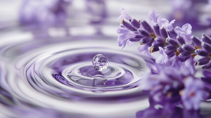 Swirling ripple water with clear droplet and purple lavender flower represent pure and beauty from organic nature extracted ingredient.