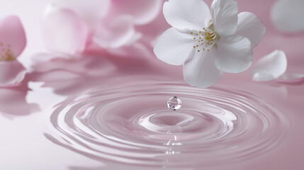 Swirling ripple water with clear droplet and pink sakura cherry blossom flower represent pure and beauty from organic nature ingredient.