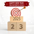 © Tekin - Happy 2024 calendar year with goal and success concepts. Big wood target dart icon and 2024 year number on wooden cube block isolated on white background. Happy new year, big business goals banner.