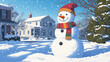 © Mykhailo - Snowman in Snowfall with Colorful Scarf and Hat in Suburban Scene