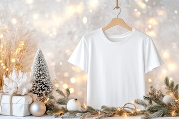 Sticker - Minimalist white t-shirt hanging amid festive christmas decor