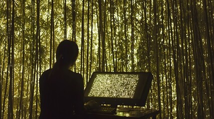 Person looking at a computer screen displaying a blocked website message with a bamboo curtain background. The Great Firewall of China. Copy space. 