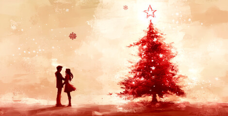 Sticker - A couple is standing in front of a red Christmas tree. The man is holding the woman's hand