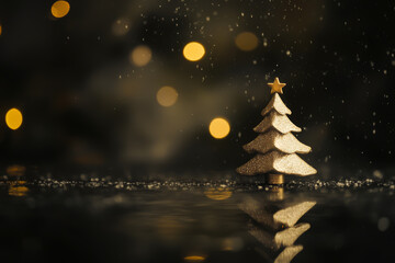 Sticker - A small gold tree is sitting on a dark surface. The tree is surrounded by a blurry background, and the image has a dreamy, ethereal quality to it