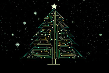 Sticker - A Christmas tree made of electronic components. The tree is lit up and surrounded by snow. Scene is festive and modern