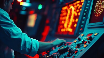 Close up view of the ship s helm and radar systems with a crew member operating the navigation controls and monitoring the various instruments and displays on the bridge