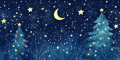 Starry night Christmas doodle with hand-drawn moon, stars, and twinkling lights.