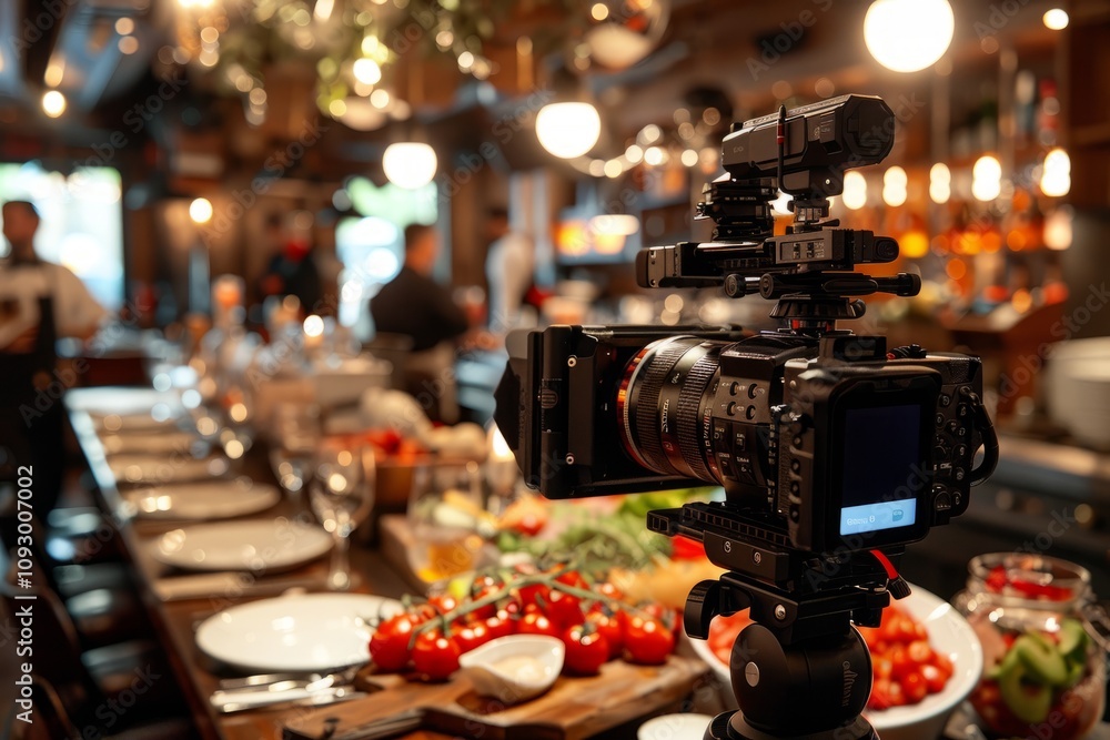 Professional video camera focused on elegant dining setup in gourmet ...