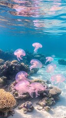 jellyfish blooming aglow coral reef underwater scene ocean serene