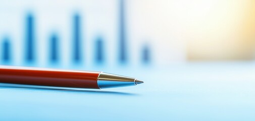 Leinwandbilder - chart diagram finance graph concept. A close-up of a red pen on a desk with blue bar graphs in the background, symbolizing analysis and data insights.