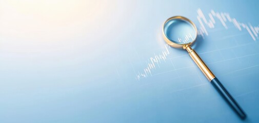 Leinwandbilder - chart diagram finance graph concept. A magnifying glass rests on a light blue background, emphasizing graph lines that symbolize analysis and scrutiny in data or finance.