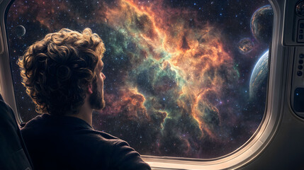 Wall Mural - A person sits by a spacecraft window, staring out into the vastness of space. Brightly colored nebulae illuminate the dark backdrop.