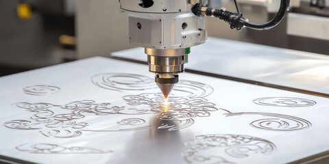 close-up laser engraving machine creating pattern on metal surface. precision and advanced technolog