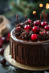 Canvas Print - Chocolate cherry cake decorated with gold stars and festive ornaments during winter holidays