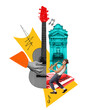 © Lustre Art Group  - Poster. Contemporary art collage. Guitar, saxophonist, and classical building, intertwined with abstract shapes and colorful keyboard. Concept of music festivals, concert and parties.