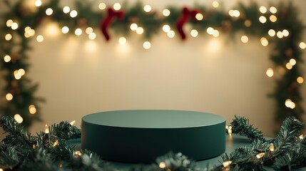 Wall Mural - round pedestal with festive lights and fir branches for display