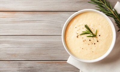 Sticker - Creamy polenta garnished with herbs and spices on a rustic wooden table setting