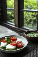 Wall Mural - Young woman enjoying a plate of fresh mozzarella, tomatoes, and basil in a cozy setting