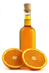 Poster - Bright orange citrus and herbal essence in elegant glass bottle with fresh fruits around