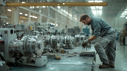 Aufkleber - Skilled Mechanical Engineer Inspecting and Maintaining Complex Industrial Machinery During Golden Hour