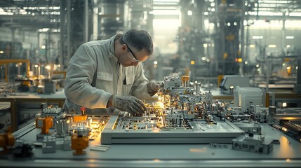 Poster - Skilled hands of a seasoned mechanical engineer navigating the intricate inner workings and complex mechanics of a high speed industrial production line amidst warm golden hour lighting and a rich