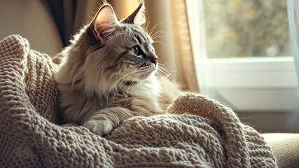 Wall Mural - Cat relaxing on a cozy blanket by the window in a sunlit room on a calm afternoon