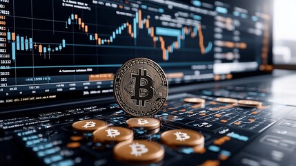 Aufkleber - Captivating Bitcoin Chart Elevated by the Dramatic Directional Lighting of Golden Hour with Natural Shadows Accentuating the Data s Contours in a Cinematic Style Reminiscent of Film Noir
