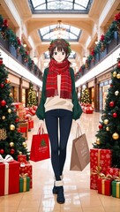 Anime holiday shopping decorated mall cozy scarves festive atmosphere