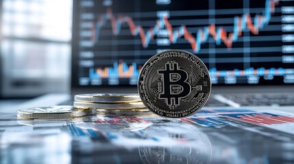 Fototapete - Captivating and Contemplative Bitcoin Market Visualization with a Soft Dreamlike Atmosphere and Delicate Watercolor like Textures in a Muted Color Scheme