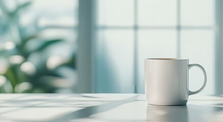 Poster - Morning coffee mug on a table with soft sunlight and greenery in the background