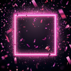 Poster - Bright neon pink square frame surrounded by sparkling confetti in a dark setting