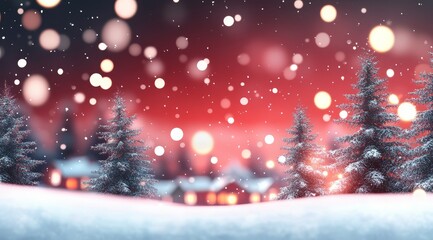 Poster - Winter landscape with snow filled homes and glowing lights at dusk