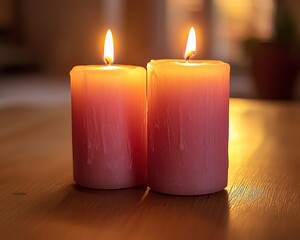 Wall Mural - romantic soft valentine love story emotion Candles glowing warmly on wooden table.