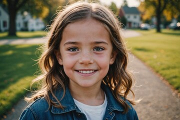 close portrait of a smiling american female kid looking at the camera, american outdoors blurred bac