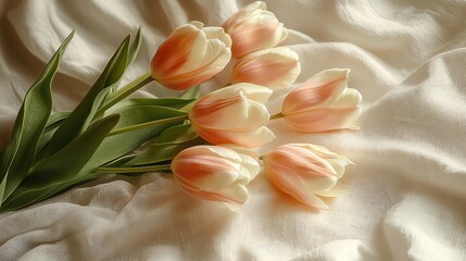 Wall Mural - romantic soft valentine love story emotion pink tulips on soft fabric background