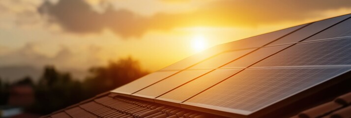 An array of solar panels gleams under the warm embrace of a sunset, showcasing renewable energy's promise and the beauty of sustainable technology against a picturesque sky.